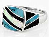Mens Lab Created Opal, Turquoise & Onyx Rhodium Over Silver Inlay Ring