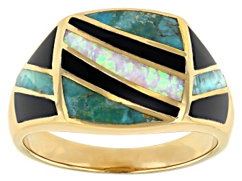 Picture of Lab Created Opal, Turquoise & Onyx 18k Yellow Gold Over Silver Men's Inlay Ring