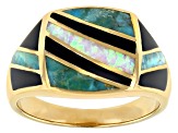 Lab Created Opal, Turquoise & Onyx 18k Yellow Gold Over Silver Men's Inlay Ring