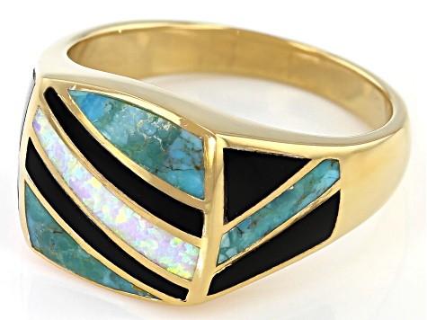 Lab Created Opal, Turquoise & Onyx 18k Yellow Gold Over Silver Men's Inlay Ring