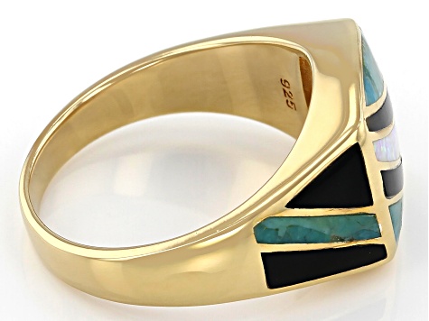 Lab Created Opal, Turquoise & Onyx 18k Yellow Gold Over Silver Men's Inlay Ring