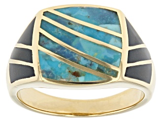 Blue Turquoise & Black Onyx 18k Yellow Gold Over Silver Men's Inlay Ring