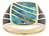 Blue Turquoise & Black Onyx 18k Yellow Gold Over Silver Men's Inlay Ring