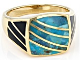 Blue Turquoise & Black Onyx 18k Yellow Gold Over Silver Men's Inlay Ring