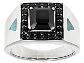 Mens Black Spinel and Turquoise Rhodium Over Silver Ring 2.86ctw