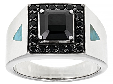 Mens Black Spinel and Turquoise Rhodium Over Silver Ring 2.86ctw