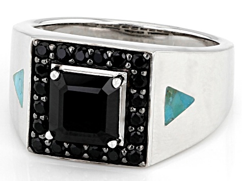 Mens Black Spinel and Turquoise Rhodium Over Silver Ring 2.86ctw
