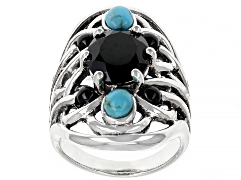 Black Spinel and Turquoise Rhodium Over Sterling Silver Ring 3.23ctw