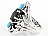 Black Spinel and Turquoise Rhodium Over Sterling Silver Ring 3.23ctw