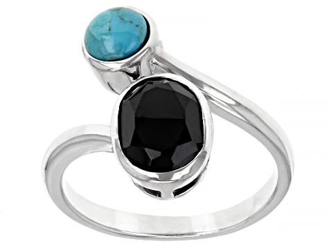 Black Spinel and Turquoise Rhodium Over Silver Bypass Ring 1.70ct