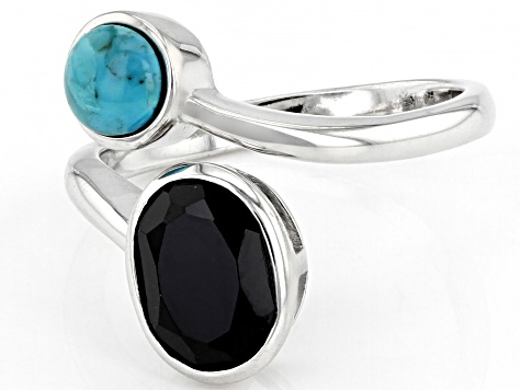 Black Spinel and Turquoise Rhodium Over Silver Bypass Ring 1.70ct