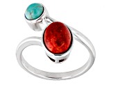 Red Sponge Coral and Turquoise Rhodium Over Silver Bypass Ring