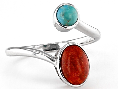 Red Sponge Coral and Turquoise Rhodium Over Silver Bypass Ring