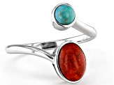 Red Sponge Coral and Turquoise Rhodium Over Silver Bypass Ring