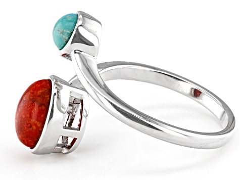 Red Sponge Coral and Turquoise Rhodium Over Silver Bypass Ring