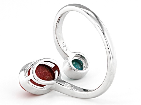 Red Sponge Coral and Turquoise Rhodium Over Silver Bypass Ring