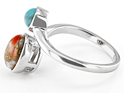 Orange Spiny Oyster Shell and Turquoise Rhodium Over Silver Bypass Ring