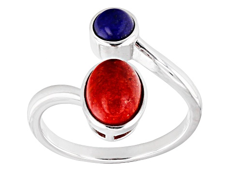 Red Sponge Coral and Lapis Lazuli Rhodium Over Silver Bypass Ring