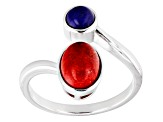 Red Sponge Coral and Lapis Lazuli Rhodium Over Silver Bypass Ring