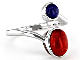 Red Sponge Coral and Lapis Lazuli Rhodium Over Silver Bypass Ring