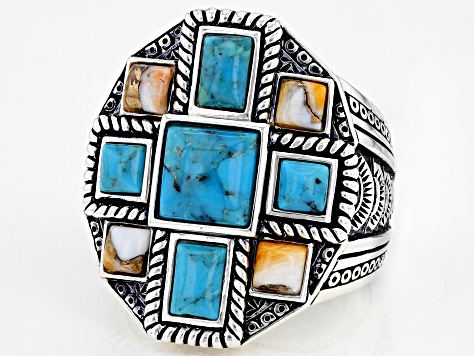 Mens Turquoise & Spiny Oyster Shell Rhodium Over Silver Ring
