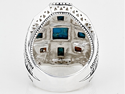 Mens Turquoise & Spiny Oyster Shell Rhodium Over Silver Ring