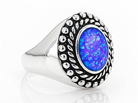 Mens Blue Lab Created Opal Rhodium Over Silver Ring .90ct