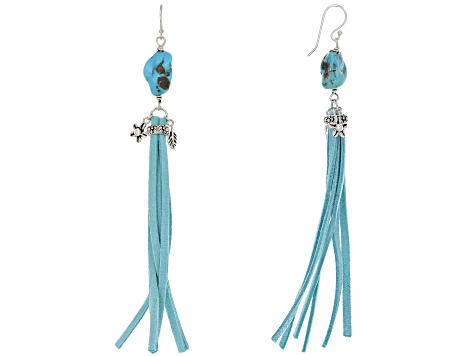 Turquoise Rhodium Over Sterling Silver & Imitation Leather Dangle Earrings