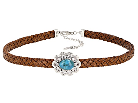 Turquoise & Lab Created Sapphire Rhodium Over  Silver Imitation Leather Choker 3.78ctw
