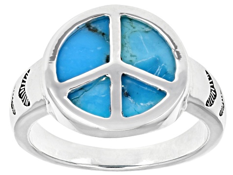 Turquoise Rhodium Over Sterling Silver Peace Sign Ring