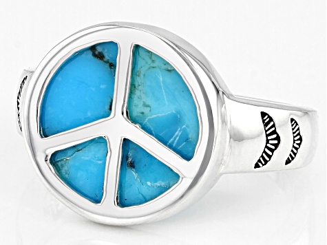 Turquoise Rhodium Over Sterling Silver Peace Sign Ring