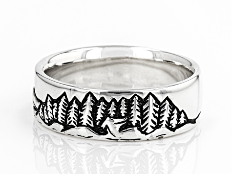 Mens Rhodium Over Sterling Silver Mountain Landscape Band Ring