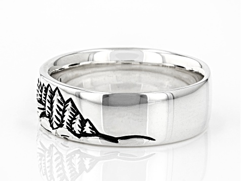 Mens Rhodium Over Sterling Silver Mountain Landscape Band Ring