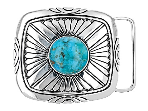 Blue Turquoise Silver Over Brass Belt Buckle