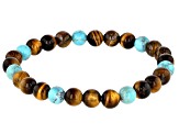 Brown 8mm Tigers Eye & Turquoise Mens Bead Stretch Bracelet