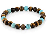 Brown 8mm Tigers Eye & Turquoise Mens Bead Stretch Bracelet