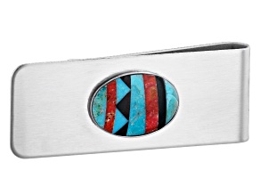 Blue Turquoise, Onyx & Coral Stainless Steel Money Clip
