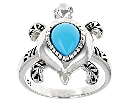 Blue Sleeping Beauty Turquoise Rhodium Over Silver Turtle Ring 0.01ctw