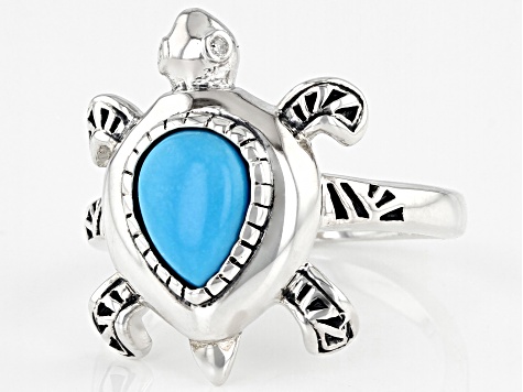 Blue Sleeping Beauty Turquoise Rhodium Over Silver Turtle Ring 0.01ctw