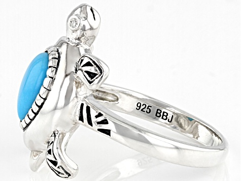 Blue Sleeping Beauty Turquoise Rhodium Over Silver Turtle Ring 0.01ctw