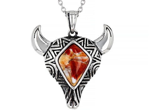 Spiny Oyster Shell Bull Head Rhodium Over Silver Pendant with Chain