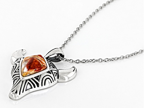 Spiny Oyster Shell Bull Head Rhodium Over Silver Pendant with Chain