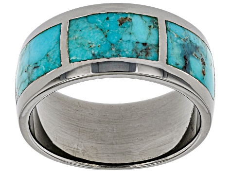 Blue Turquoise Black Rhodium Over Sterling Silver Men's Inlay Ring