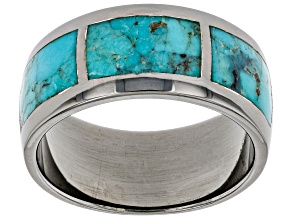 Blue Turquoise Rhodium Over Sterling Silver Inlay Mens Ring