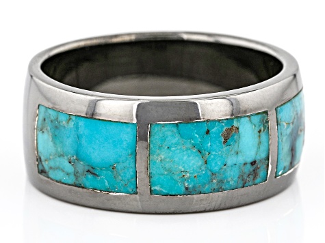 Blue Turquoise Black Rhodium Over Sterling Silver Men's Inlay Ring