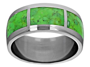 Green Turquoise Rhodium Over Sterling Silver Mens Inlay Band Ring