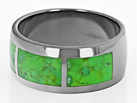 Green Turquoise Rhodium Over Sterling Silver Mens Inlay Band Ring