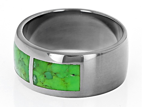 Green Turquoise Rhodium Over Sterling Silver Mens Inlay Band Ring