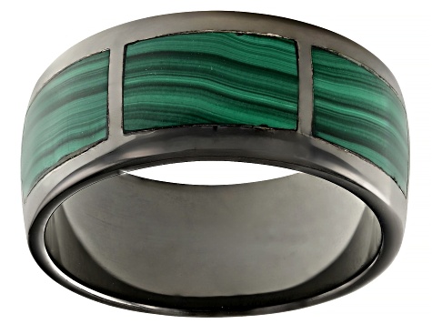 Green Malachite Black Rhodium Over Sterling Silver Men's Inlay Ring