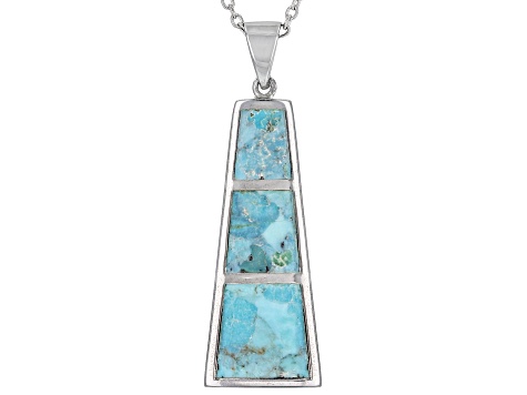 Blue Turquoise Rhodium Over Sterling Silver Inlay Mens Pendant with 24" Chain